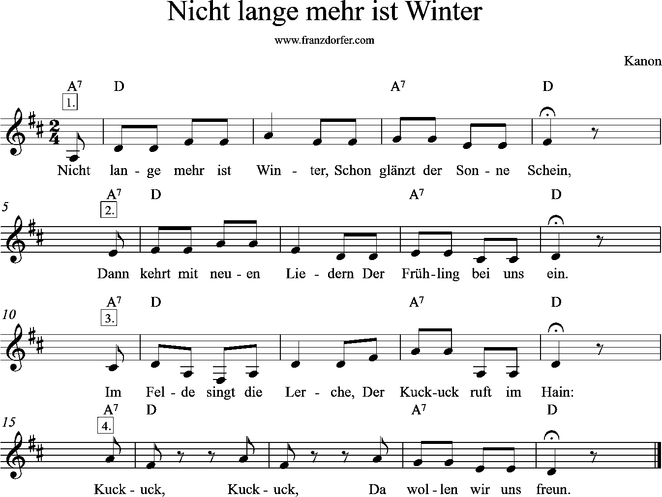 Noten, D-Dur, Nicht lange mehr ist Winter